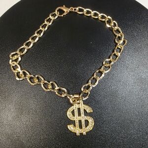 Gold Tone Chain Pet Necklace with Rhinestone Dollar Sign Charm – Size Small